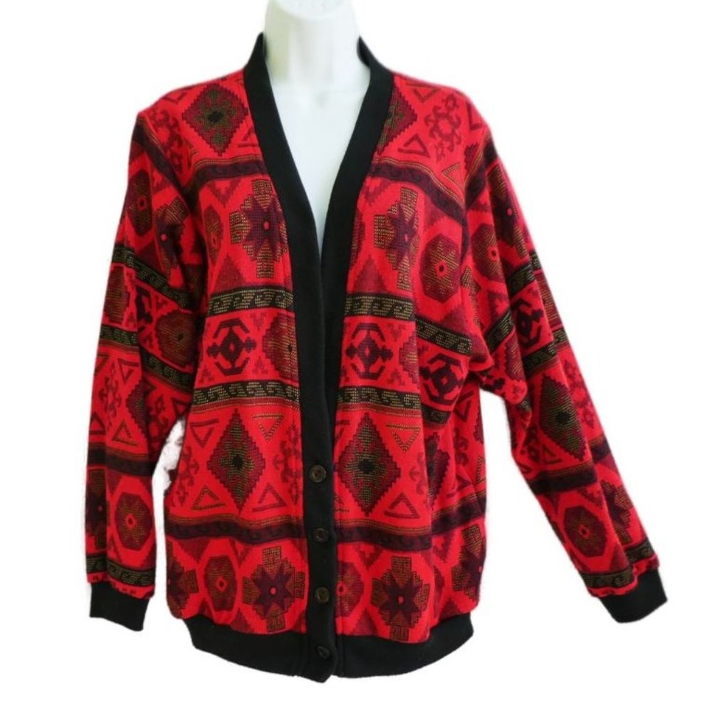 Vintage Graff USA Bold Vibrant Cardigan Geometric Red Black Gold Deep V Acrylic
